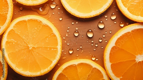 Sunny Summer Vibes  Overhead View of Ripe Orange Slices on a Table  Glistening with Water Drops     Tropical Refreshment and Healthy Eating Concept