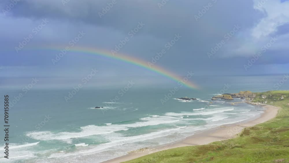 Rainbow Whitepark bay beach Northern Ireland Aerial view Rainbow Whitepark bay beach Northern Ireland Aerial view