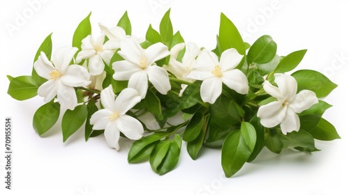The lush tropical rainforest showcases wild Jasminum flowers and verdant leaves isolated on a white background, featuring a clipping path. © Asih