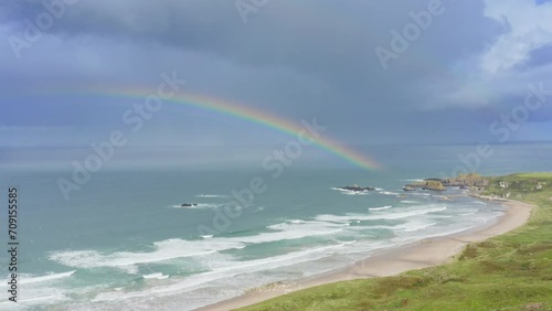 Rainbow Whitepark bay beach Northern Ireland Aerial view photo