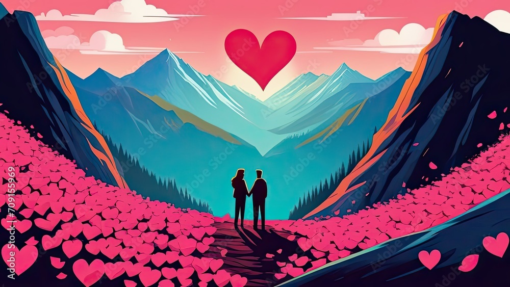 Fototapeta premium Lovers stand on the edge of the mountains, hold hands and look into the distance. There are pink hearts around. Valentine's Day