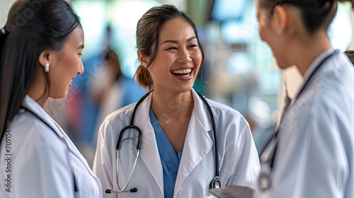 Happy Asian multiracial female physicians looking at each other in hospital