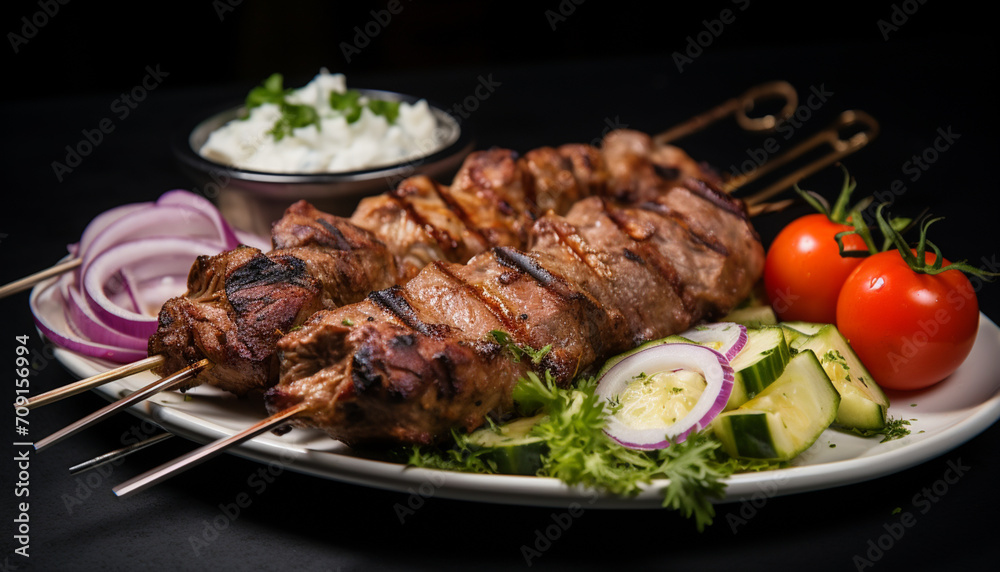 lamb on skewers with garnishes, shish kebab on skewers