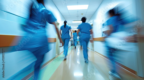 Hospital Asian staff rushing down hallway