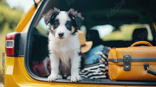 A photo of a cute border collie puppy sitting in the trunk of a car on a vacation trip © Olga