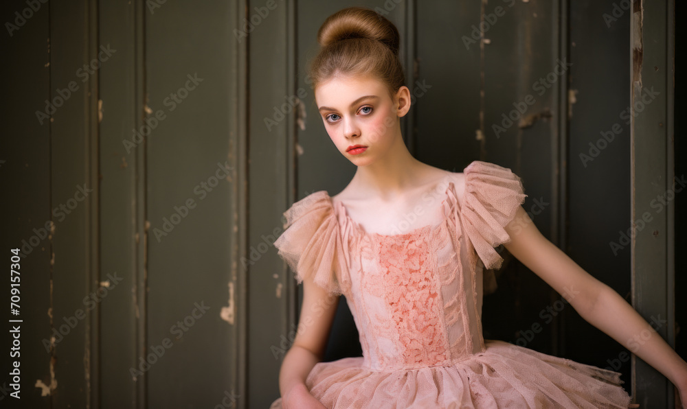 Fototapeta premium Vintage-Inspired Portrait of a Young Ballerina in a Lace Dress, Evoking a Romantic and Melancholic Mood