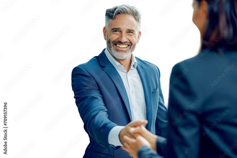 Isolated smiling middle aged business man handshaking partner on white - obrazy, fototapety, plakaty 