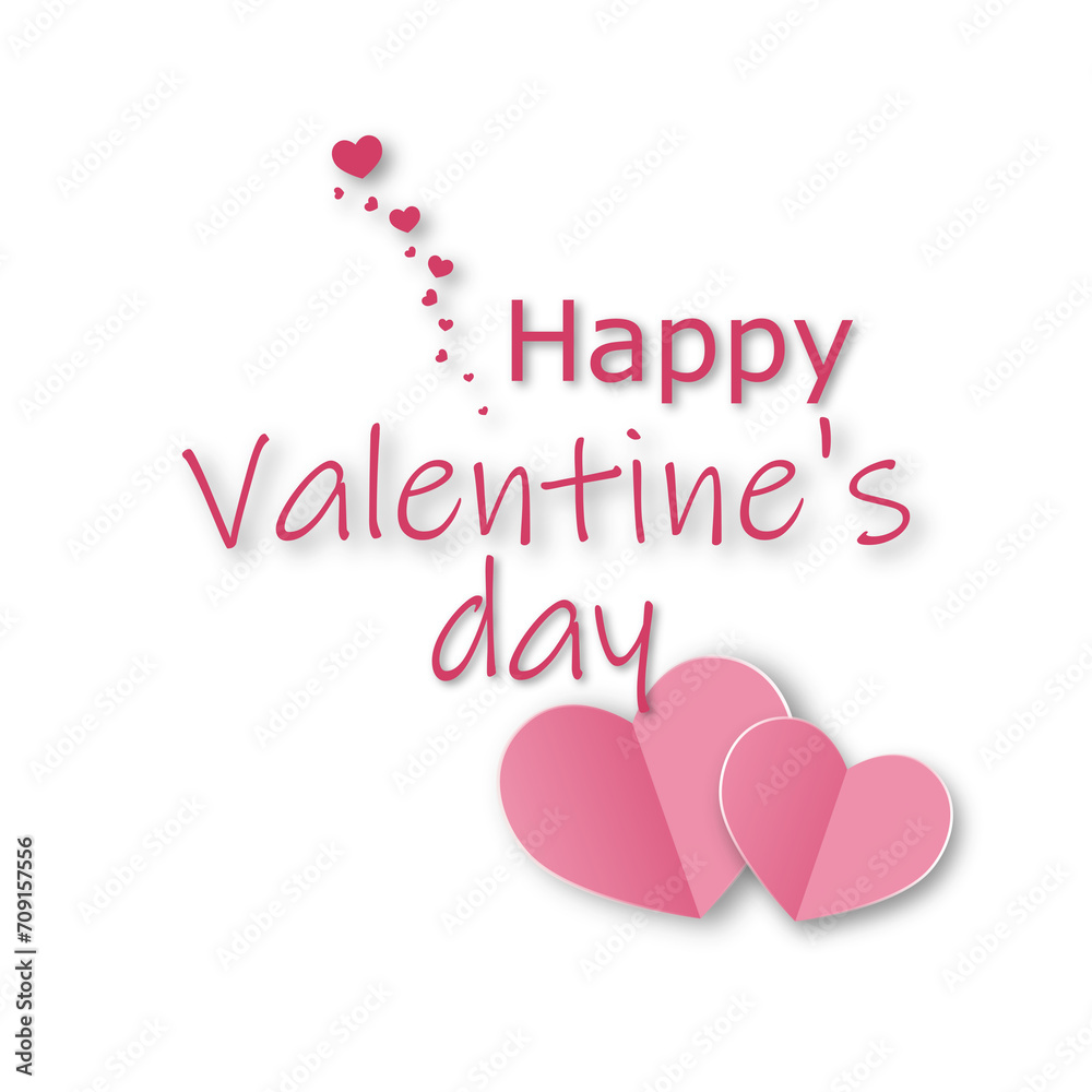 Illustration. Transparent PNG. The inscription Happy Valentine's Day isolated on a transparent background and two pink origami hearts. Valentine's day celebration concept.