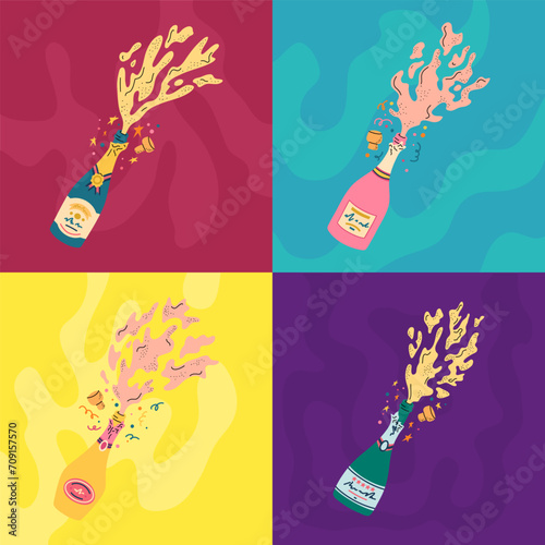 Vector opened champagne bottles with splashes of different form and color. Rose and white sparkling wine bursting out of the bottle with cork, stars and confetti for celebration. Holiday illustration