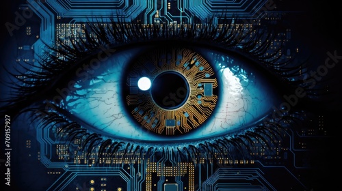 Futuristic digital eye. Cybersecurity concept. Close up of human eye with digital circuit concept. bionic eye and futuristic vision.