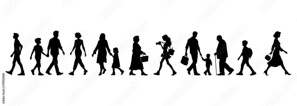vector illustration. silhouettes of people walking along the street. Large set of characters of different ages.