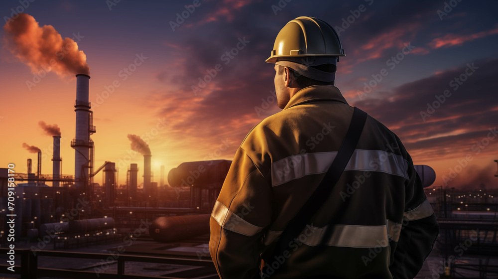 Engineer looks confidently at job site during sunset. Engineer looks confidently at job site during sunset.