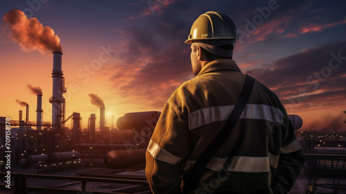 Engineer looks confidently at job site during sunset.