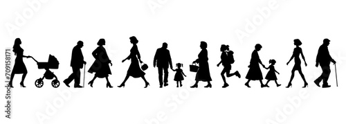 vector illustration. silhouettes of people walking along the street. Large set of characters of different ages.