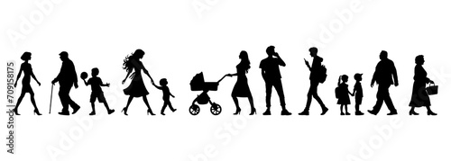 vector illustration. silhouettes of people walking along the street. Large set of characters of different ages.