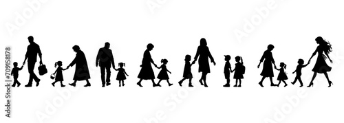 vector illustration. silhouettes of people walking along the street. Large set of characters of different ages.