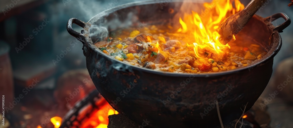 Preparing tasty fish soup in a large cauldron over a fire. Preparing tasty fish soup in a large cauldron over a fire.