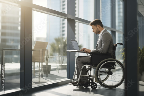 Caucasian male businessman sitting in a wheelchair in the office.