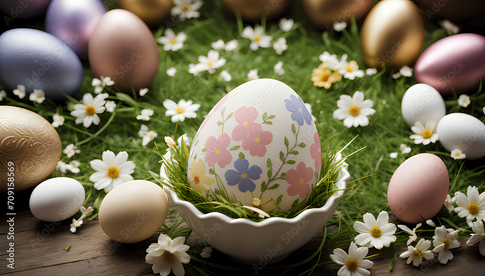 Easter egg painted with coloured flowers 