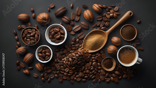 Concept arrangement de grains de café sur une table noire 