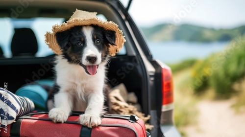 A photo of a cute border collie puppy in a hat sitting in the trunk of a car during a vacation photo