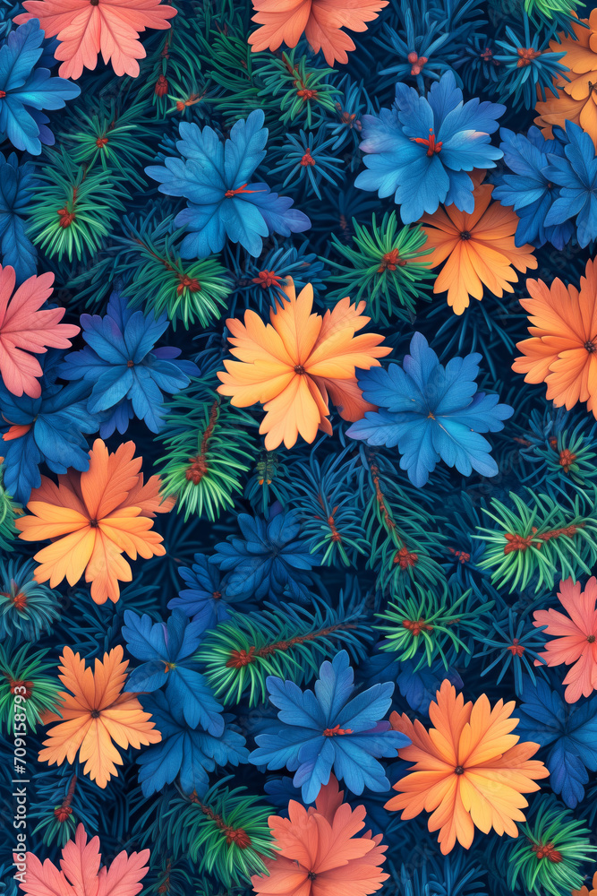 Lush assortment of flowers in full bloom, showcasing a mesmerizing blend of orange, blue, and pink petals nestled among rich green foliage.