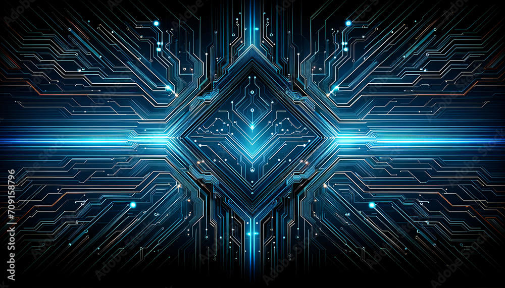 A complex, symmetrical blue circuit design, denoting high-tech digital or electronic themes