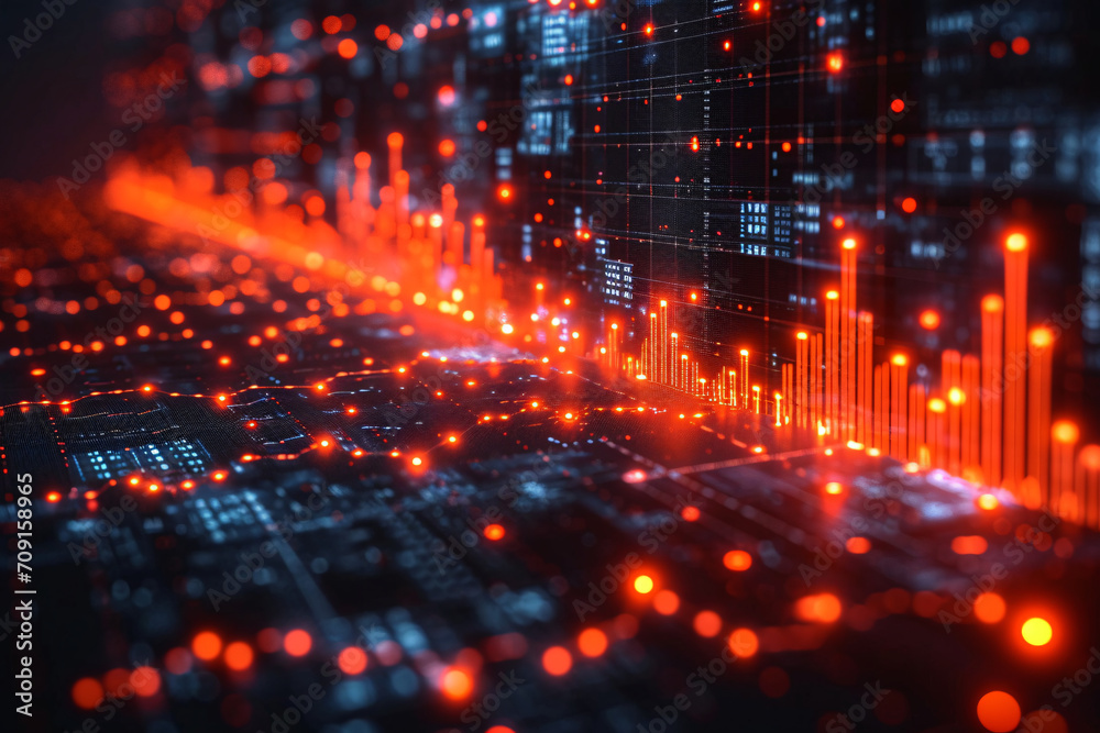 Fototapeta premium Technology business graphics, stock charts, digital background, market analysis, data points overlay