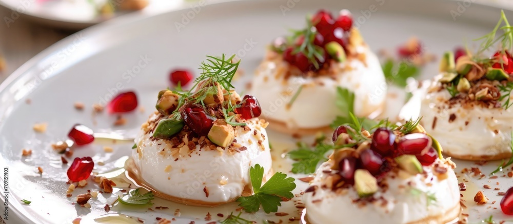 Goat cheese appetizer with pistachio, pomegranate and flax seeds. Goat cheese appetizer with pistachio, pomegranate and flax seeds.