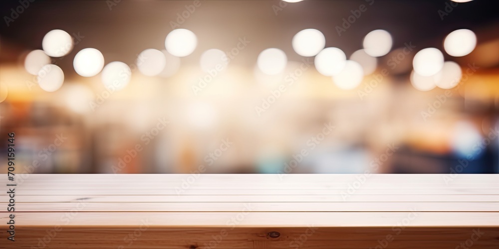Blurred supermarket grocery store aisle background with bokeh lighting for product display on wooden table top. Blurred supermarket grocery store aisle background with bokeh lighting for product display on wooden table top.