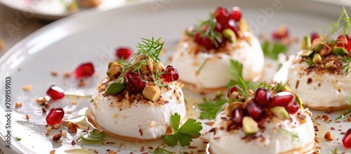 Goat cheese appetizer with pistachio, pomegranate and flax seeds.