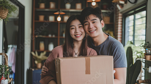 Asian young happy new marriage couple moving to new house together. Attractive romantic man and woman holding box parcel and suitcase with happiness and love. Family-Moving house relocation