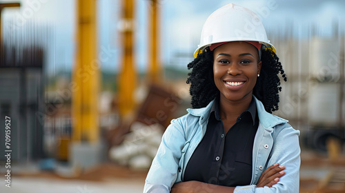 Engineer black woman standing on a construction site for portraits in a happy mood.