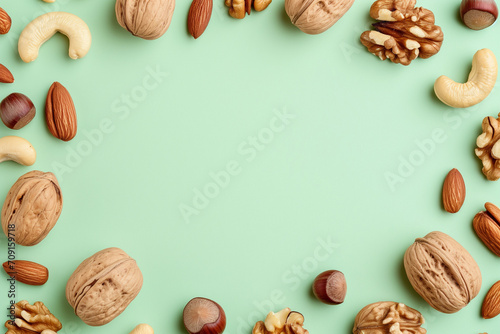 Frame of organic mixed nuts on a light green background. Aerial view. Copy space in the middle. 