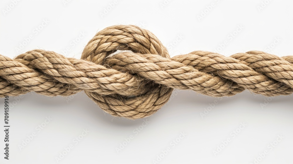 A thick, twisted rope tied in an infinity knot on a white background. A thick, twisted rope tied in an infinity knot on a white background.
