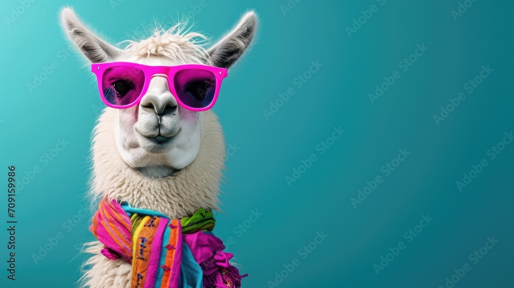 A stylized llama with a quirky expression, wearing pink sunglasses and a colorful scarf, set against a teal background