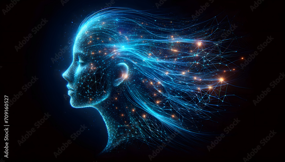 a profile of a woman with a digital particle effect, emphasizing connectivity