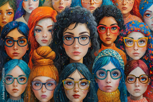 Illustration of a diverse group of women wearing glasses