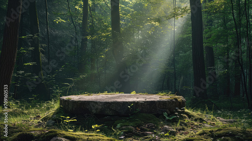 Fototapeta Naklejka Na Ścianę i Meble -  Flat stone podium in the magical forest , empty round stand background