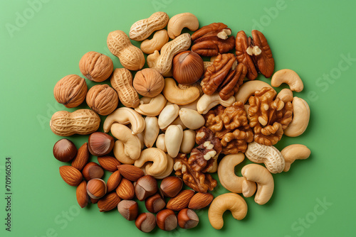 Flat lay of nuts mix on a green background. Minimal food concept. Banner 