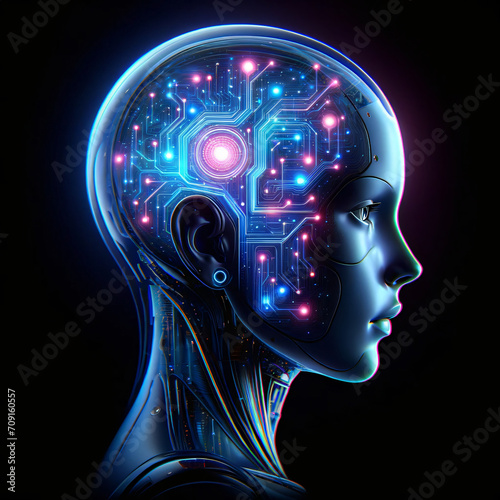 A stylized side view of a head with a digital brain, representing AI or cognitive technology