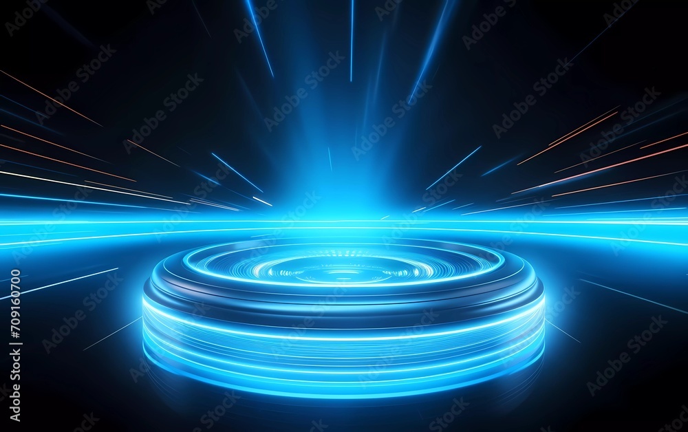 Abstract technology futuristic neon circle glowing silver and dark blue light lines with speed motion blur effect on background. generative ai Abstract technology futuristic neon circle glowing silver and dark blue light lines with speed motion blur effect on background. generative ai