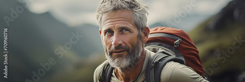 Close-up of a mid aged man hiking in the mountains during summer. Landscape hiking shot. Hiking advertisement and hiking vacation tourism concept photo