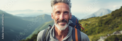 Close-up of a mid aged man hiking in the mountains during summer. Landscape hiking shot. Hiking advertisement and hiking vacation tourism concept