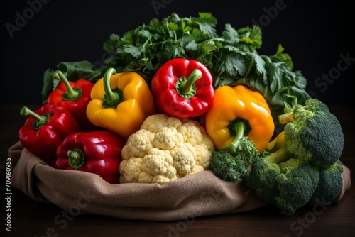 Assortment of fresh fruits and vegetables. Fresh vegetables in the eco cotton bag at the kitchen counter. Top view of healthy vegetables in a wooden crate