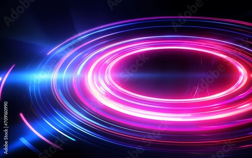 Abstract technology futuristic neon circle shining silver, gold and purple light lines with speed motion blur effect on background. generative ai