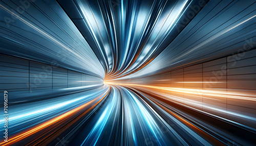 A digital tunnel with streaks of light conveying speed or traveling through a digital space