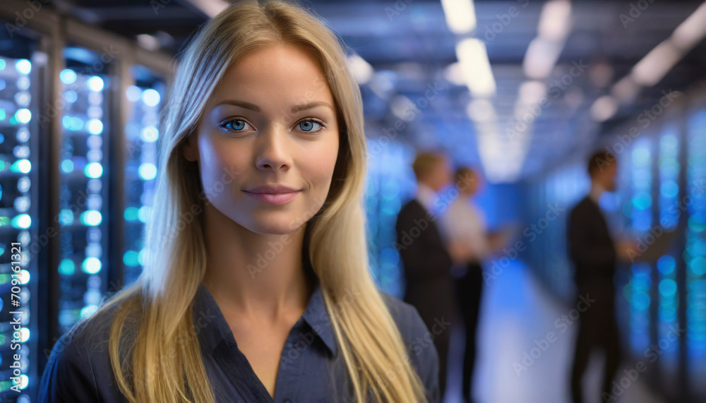 Portrait of a young businesswoman standing in data center with servers in the background Portrait of a young businesswoman standing in data center with servers in the background