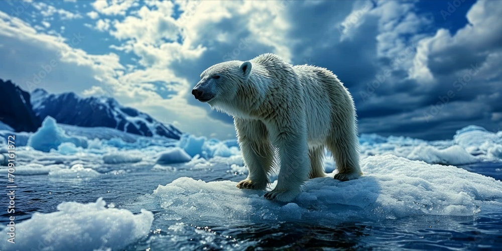 The polar bear lost its ice habitat due to melting caused by global warming The polar bear lost its ice habitat due to melting caused by global warming