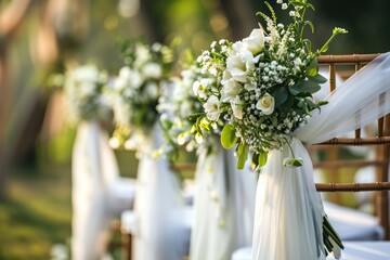 Spring wedding ceremony settings in the garden with flowers